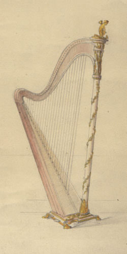 Študija z akvareli za model Empire Erard: Etude pour une harpe Erard, No d’inventaire D.2009.1.1631, Fonds Gaveau-Erard-Pleyel, dépôt du Groupe AXA au Musée du Palais Lascaris, Nice