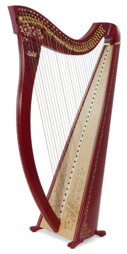 Aziliz, bordo rdeča barva, rončna pozlatitev posameznih delov harfe, pozlatitev kljukic, poslikava resonančne deske z vzorcem detelje